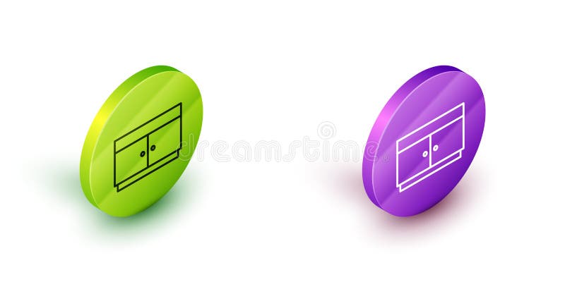 Isometric line Chest of drawers icon isolated on white background. Green and purple circle buttons. Vector. Isometric line Chest of drawers icon isolated on white background. Green and purple circle buttons. Vector.