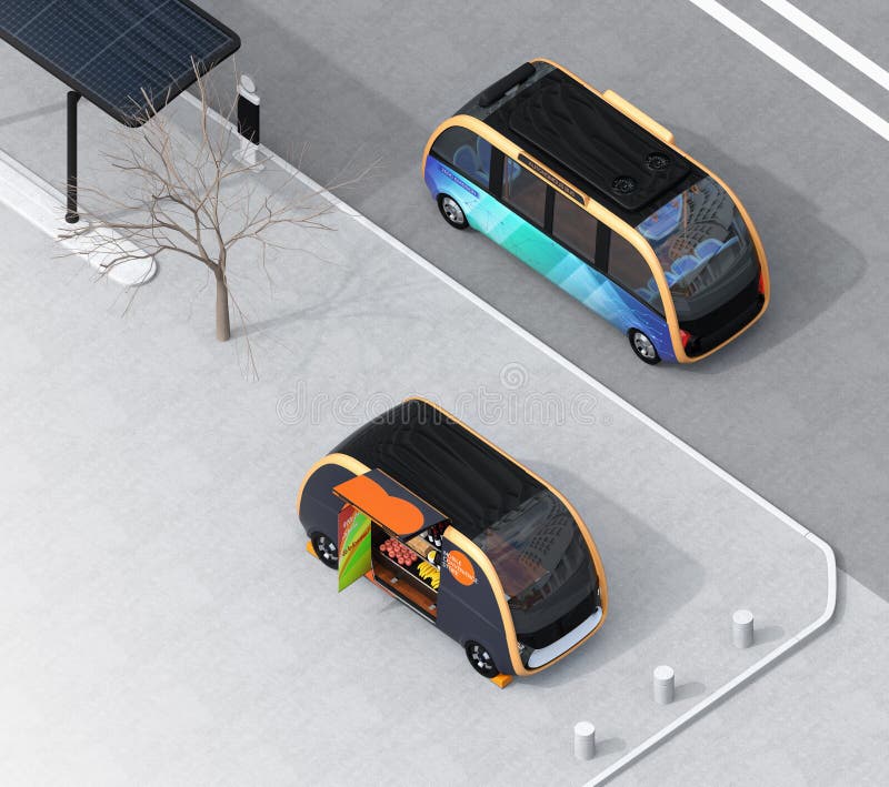 Isometrische mening die van zelf-drijft bus verkoopauto op de straat overgaan vector illustratie Isometrische mening die van zelf-drijft bus verkoopauto op de straat overgaan vector illustratie