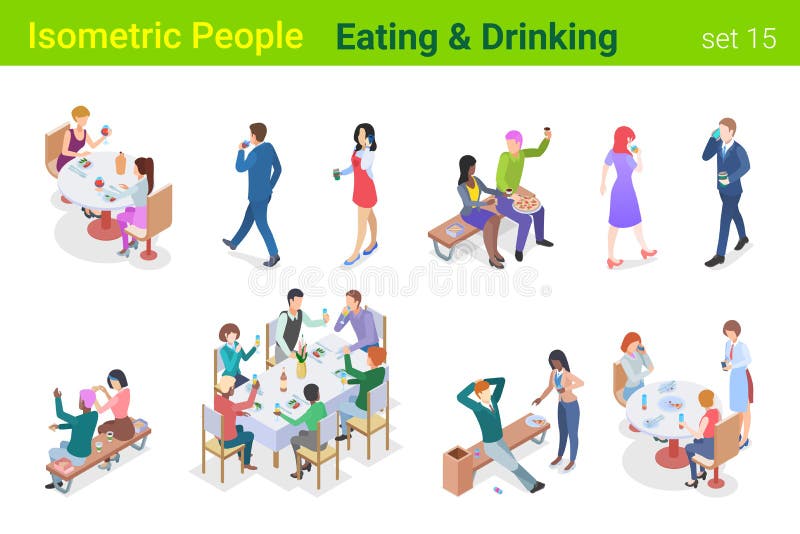 Isometrische Menschen, die im Restaurant oder flachen Vektorsammlung in der Außenluft essen und trinken.