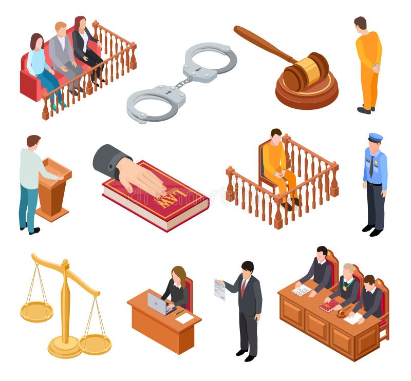 Isometrische rechtbank Van de de getuigenondervraging van de proevengedaagde van de de juryrechter beschuldigde de advocaat misda stock illustratie Isometrische rechtbank Van de de getuigenondervraging van de proevengedaagde van de de juryrechter beschuldigde de advocaat misda stock illustratie