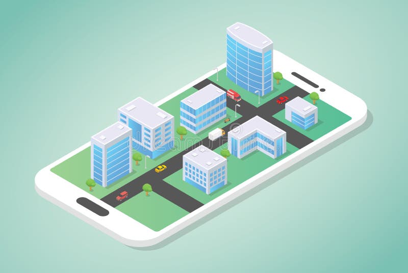 Isometrische Stadt auf den Smartphone mit Gebäude und Auto auf der Straße mit moderner flacher Art - Vektor vektor abbildung Isometrische Stadt auf den Smartphone mit Gebäude und Auto auf der Straße mit moderner flacher Art - Vektor vektor abbildung