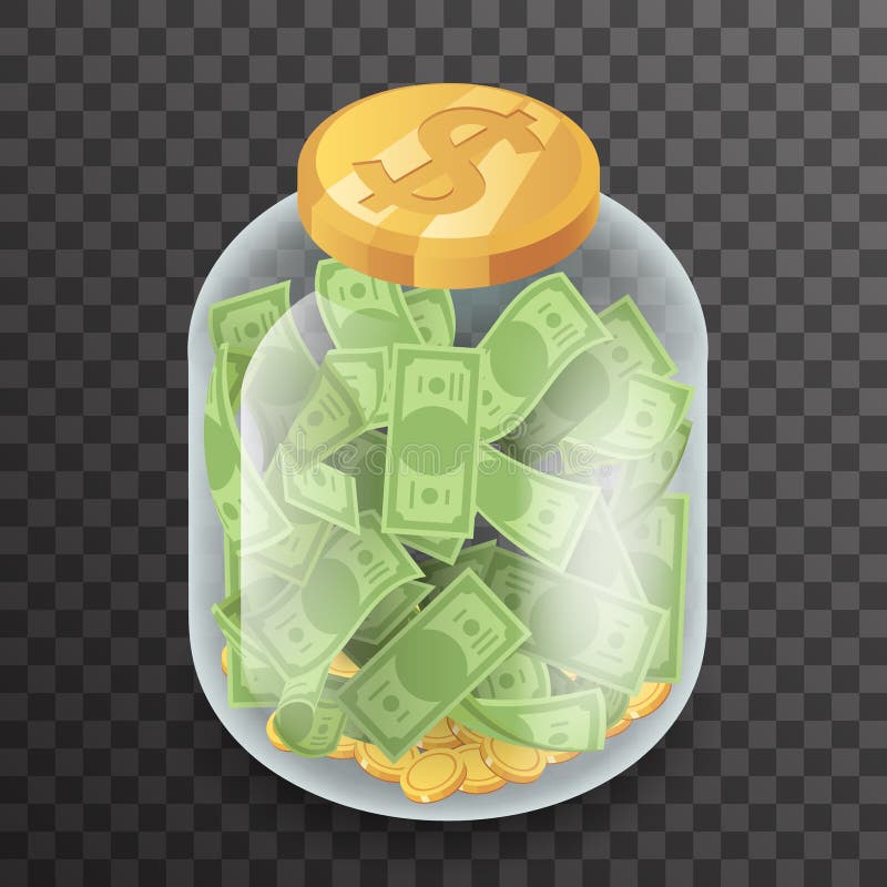 Isometrische van het de Kruikgeld van de Glaspot van het de Achtergrond spaarbankmuntstuk het Bankbiljet Transparante van het 3d vector illustratie Isometrische van het de Kruikgeld van de Glaspot van het de Achtergrond spaarbankmuntstuk het Bankbiljet Transparante van het 3d vector illustratie