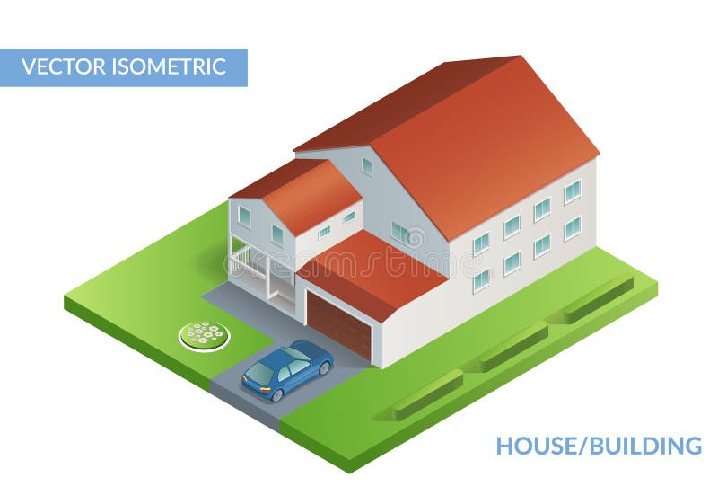 Isometrische vlakke illustratie met huis en werf met auto vector illustratie Isometrische vlakke illustratie met huis en werf met auto vector illustratie