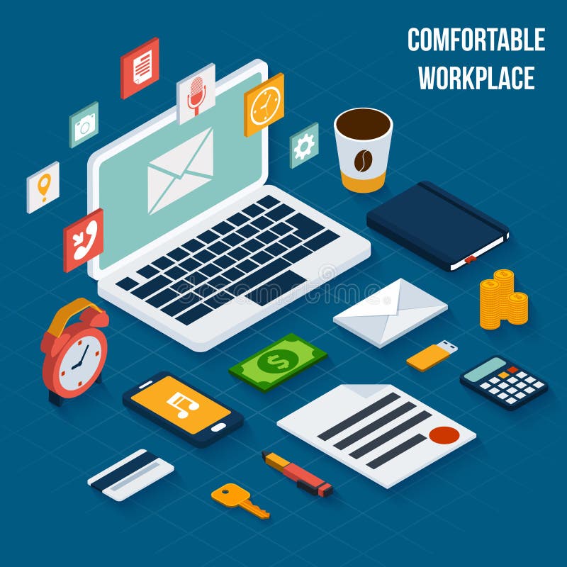 Isometrische werkplaatselementen stock illustratie Isometrische werkplaatselementen stock illustratie