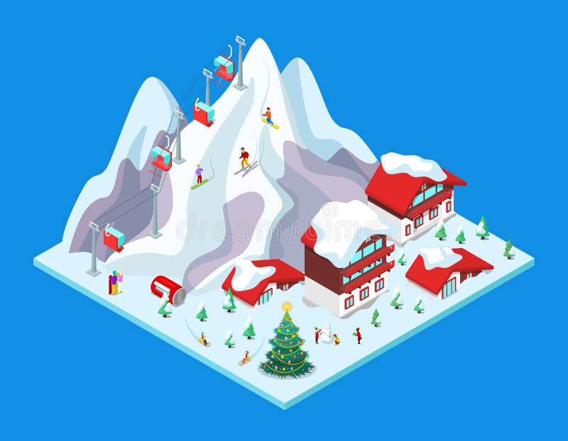 Isometrischer Ski Resort mit Hotel-Gebäuden, Snowy-Bergen und Aufzug lizenzfreie abbildung Isometrischer Ski Resort mit Hotel-Gebäuden, Snowy-Bergen und Aufzug lizenzfreie abbildung