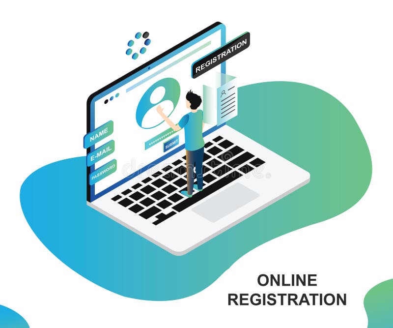 Isometric Artwork Concept of online Registration where a person is registering himself on the website. Isometric Artwork Concept of online Registration where a person is registering himself on the website.