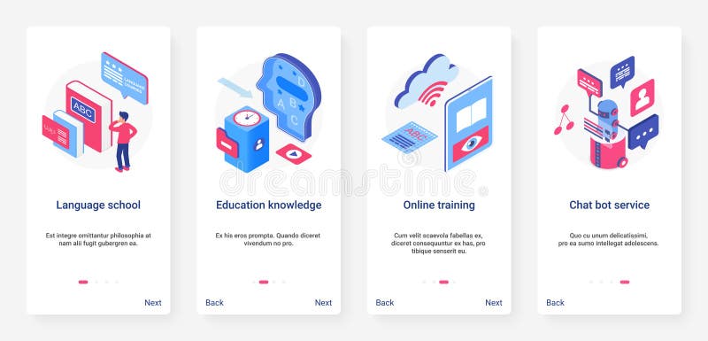 Isometrisches on-line-Ausbildungskursausbildung ux ui, das mobile Appseiten-Schirmsatz onboarding ist lizenzfreie abbildung