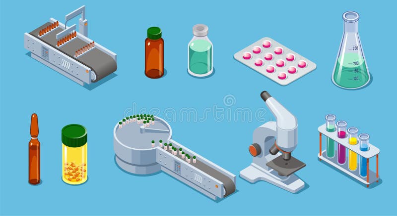 Isometrisk beståndsdeluppsättning för farmaceutisk bransch royaltyfri illustrationer Isometrisk beståndsdeluppsättning för farmaceutisk bransch royaltyfri illustrationer