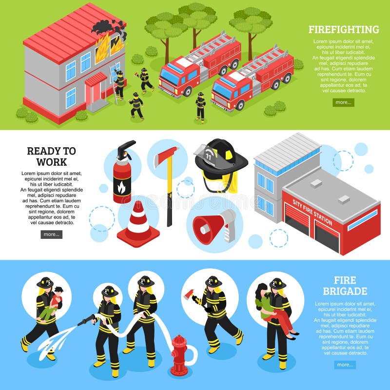 Isometrisk brandman Banners stock illustrationer Isometrisk brandman Banners stock illustrationer