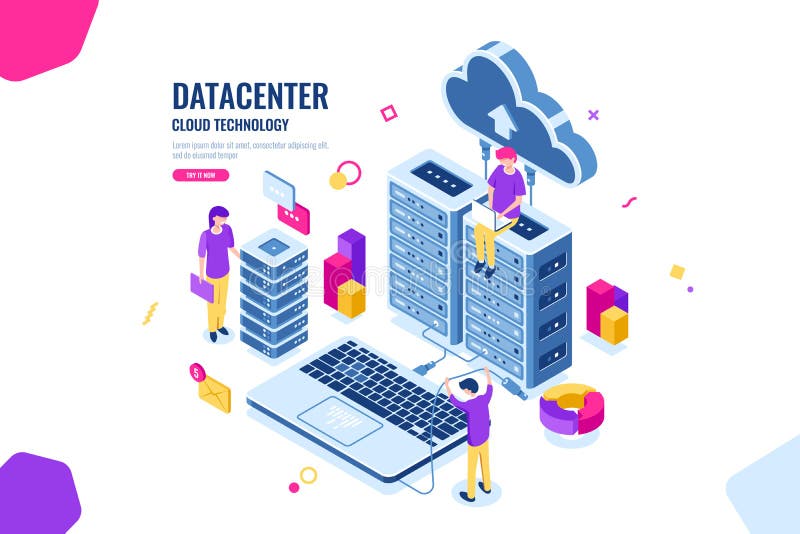 Isometrisk datasäkerhet, datortekniker, datorhall och serverrum, moln som beräknar, folk som tillsammans arbetar stock illustrationer