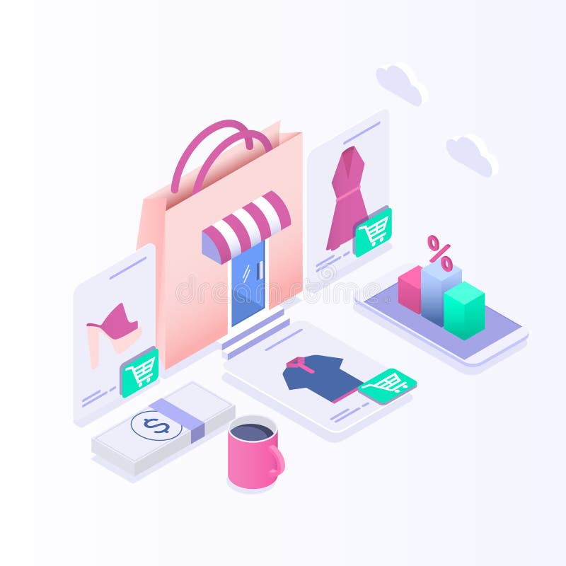 Isometrisk e-kommers, elektronisk affär, online-shopping, betalning, leverans, sändningsprocess, försäljningar vektor illustrationer Isometrisk e-kommers, elektronisk affär, online-shopping, betalning, leverans, sändningsprocess, försäljningar vektor illustrationer