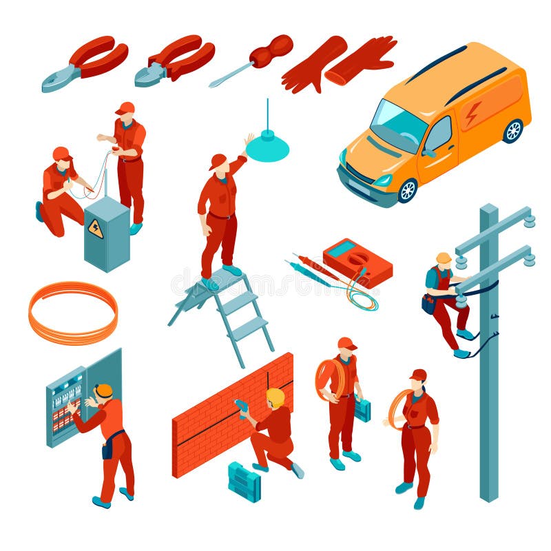 Isometrisk elektrikeruppsättning stock illustrationer