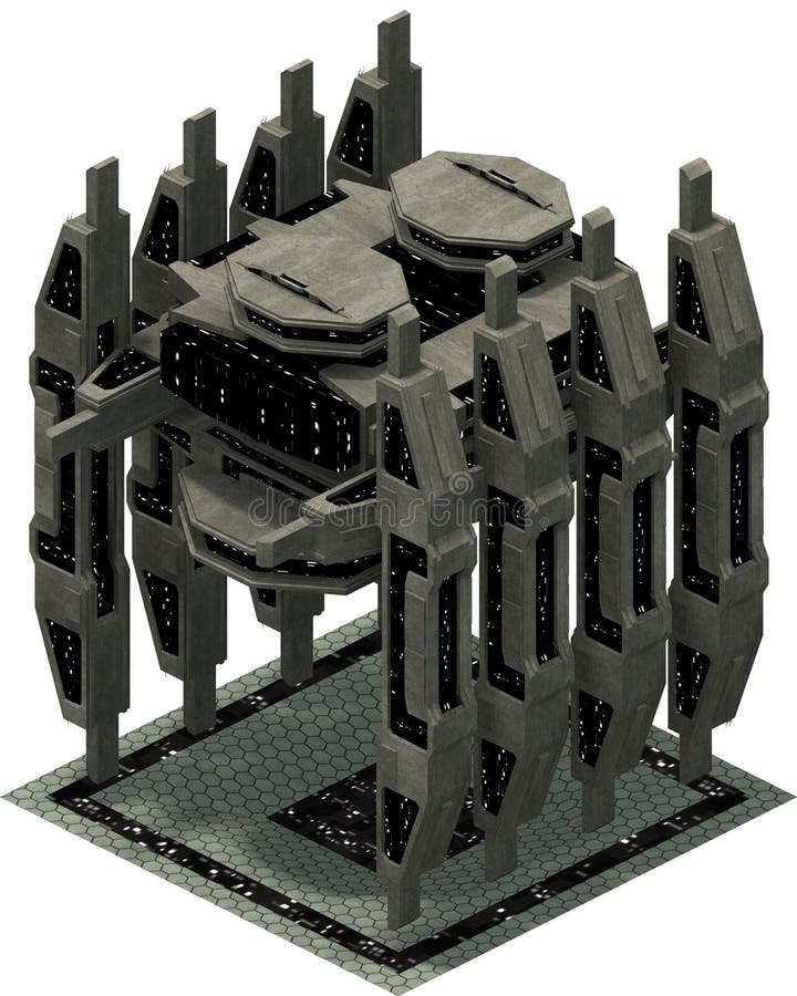Isometrisk futuristisk science fictionarkitektur, mäktig anslutningsspacestation framförande 3d stock illustrationer Isometrisk futuristisk science fictionarkitektur, mäktig anslutningsspacestation framförande 3d stock illustrationer