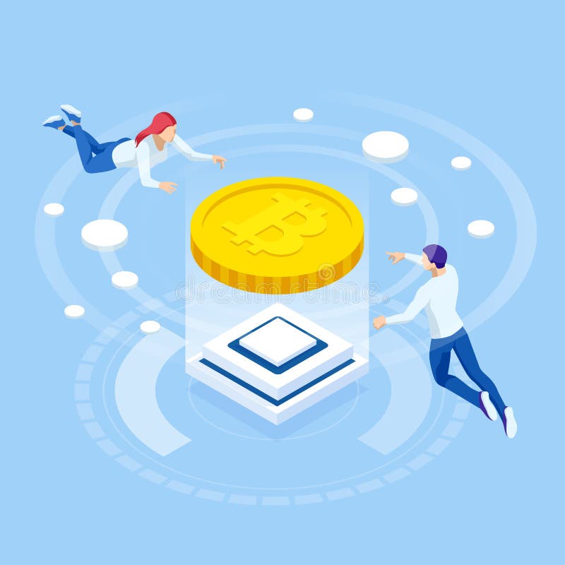 Isometrisk gruvarbetare för cryptocurrencyaffärsfolk och myntbegrepp Bitcoin cryptocurrency som bryter lantg? rden Cryptocurrency vektor illustrationer
