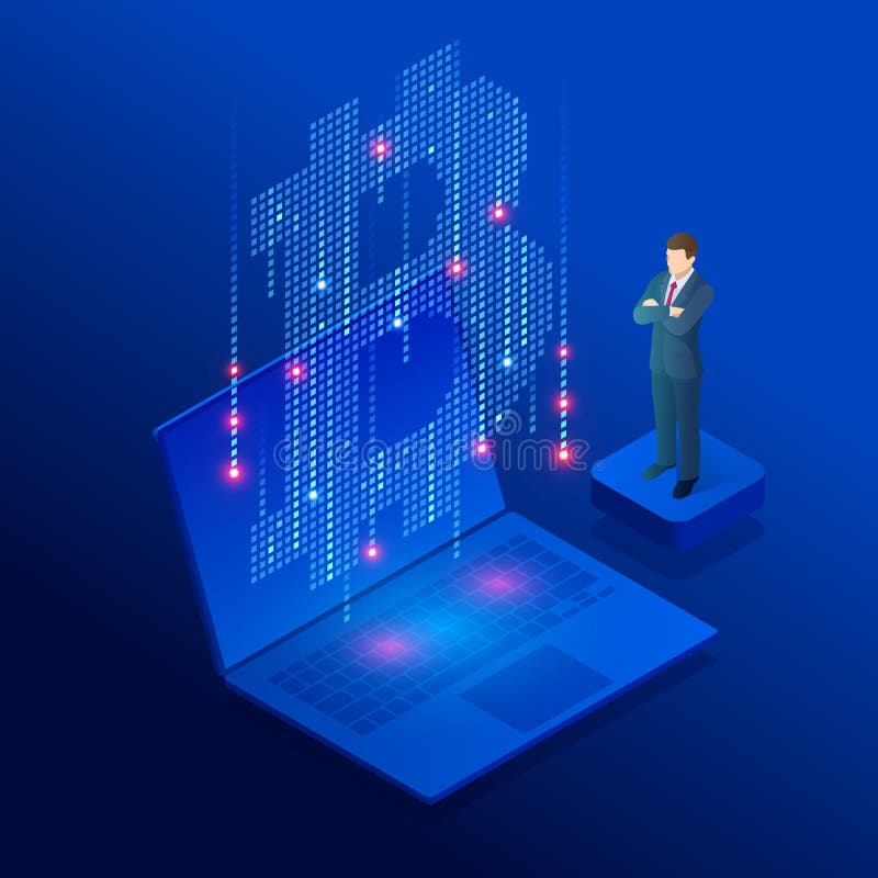 Isometrisk gruvarbetare för cryptocurrencyaffärsfolk och myntbegrepp Bitcoin cryptocurrency som bryter lantg? rden Cryptocurrency vektor illustrationer