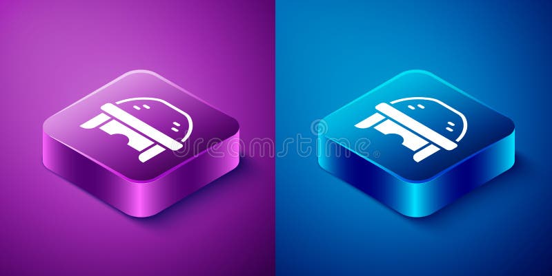 Isometric Hockey helmet icon isolated on blue and purple background. Square button. Vector. Isometric Hockey helmet icon isolated on blue and purple background. Square button. Vector.
