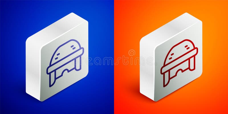 Isometric line Hockey helmet icon isolated on blue and orange background. Silver square button. Vector. Isometric line Hockey helmet icon isolated on blue and orange background. Silver square button. Vector