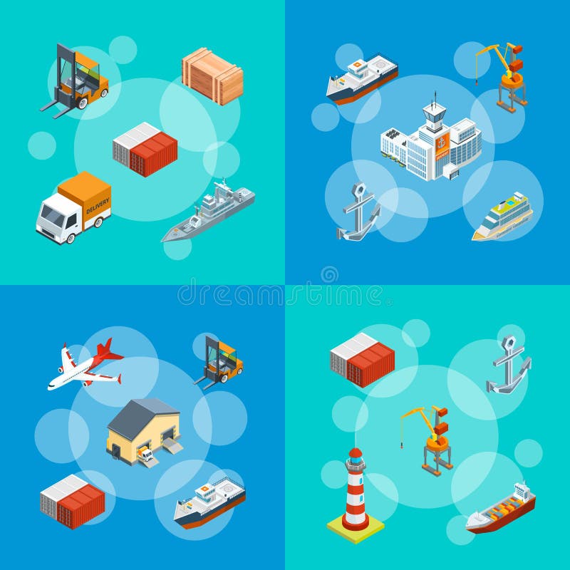 Isometrisk marin- logistik för vektor och fastställd illustration för hamnstad vektor illustrationer Isometrisk marin- logistik för vektor och fastställd illustration för hamnstad vektor illustrationer
