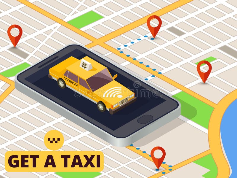 Isometrisk mobil taxi Online-taxiservice och betalning med smartphoneappen på stadsöversiktsvektor stock illustrationer Isometrisk mobil taxi Online-taxiservice och betalning med smartphoneappen på stadsöversiktsvektor stock illustrationer