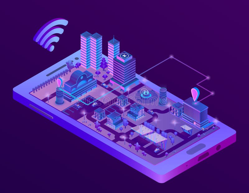 Isometrisk smart stad för vektor på smartphoneskärmen vektor illustrationer
