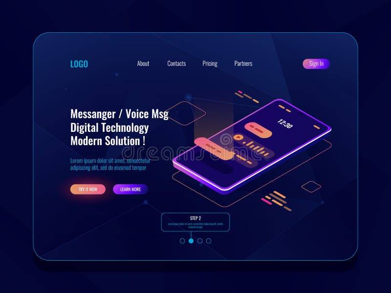 Isometrisk symbol för mobilt applikationbudbärarebegrepp, mobiltelefon med smsdialog på skärmen, chatbot som överförs stämmamedde stock illustrationer Isometrisk symbol för mobilt applikationbudbärarebegrepp, mobiltelefon med smsdialog på skärmen, chatbot som överförs stämmamedde stock illustrationer