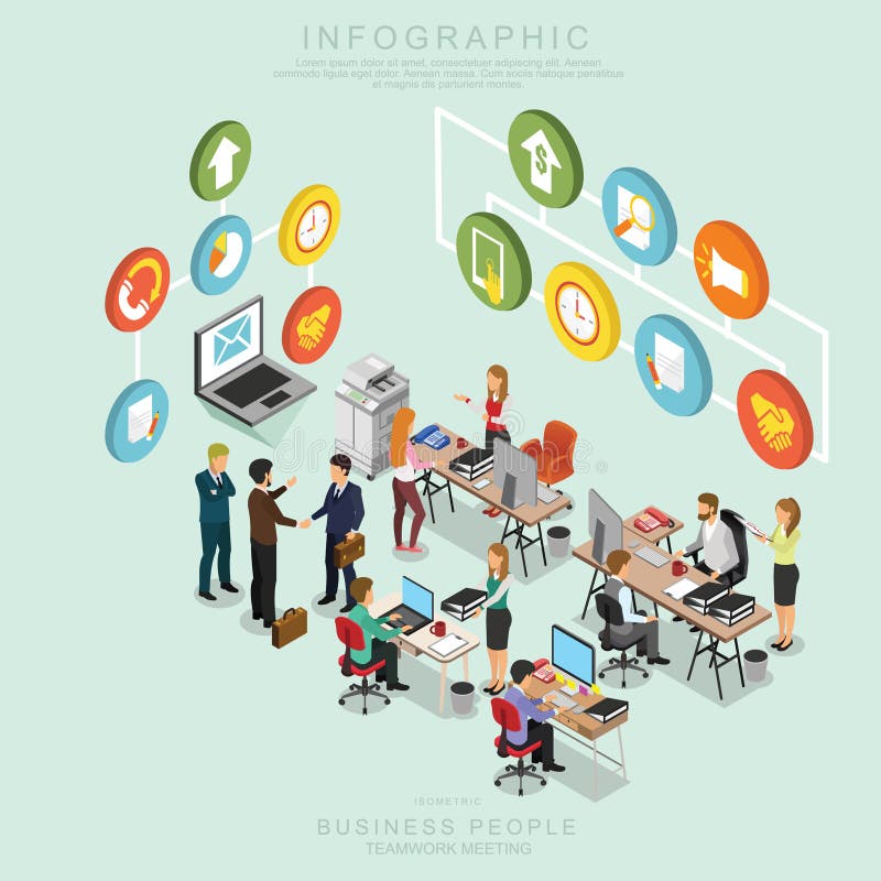 Isometrisk teamwork för affärsfolk som i regeringsställning möter, delar idén, infographic vektordesignuppsättning T vektor illustrationer