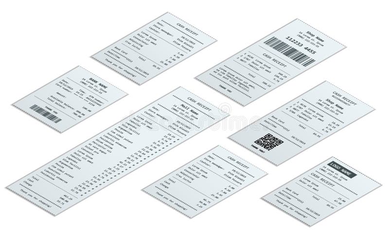 Isometrisk upps?ttning av kvittorekord, designmall av r?kningen ATM, pappers- finansiell kontroll f?r modell realistiskt betalnin vektor illustrationer Isometrisk upps?ttning av kvittorekord, designmall av r?kningen ATM, pappers- finansiell kontroll f?r modell realistiskt betalnin vektor illustrationer