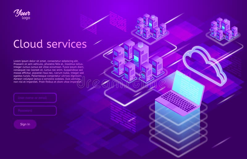 Isometrisk vektorillustration som visar för servicebegrepp för moln den beräknande bärbara datorn och webbserverna Molndatalagrin royaltyfri illustrationer