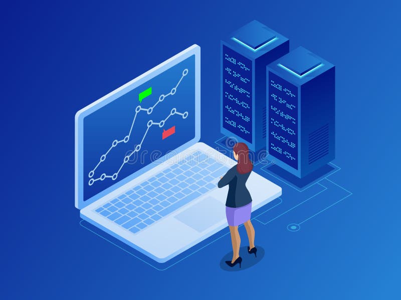 Isometric businesswomen trading stocks online. Stock broker looking at graphs, indexes and numbers on multiple computer screens. Cryptocurrency and Blockchain concept. Vector. Isometric businesswomen trading stocks online. Stock broker looking at graphs, indexes and numbers on multiple computer screens. Cryptocurrency and Blockchain concept. Vector