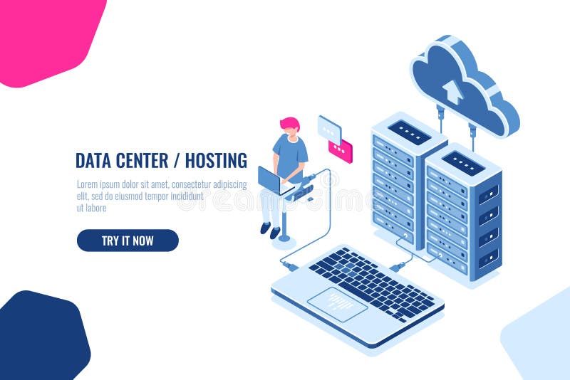 Isometriska databeräkning och revidera, tekniker som arbetar med molnlagring, serverrum, datacenter och databassymbol stock illustrationer