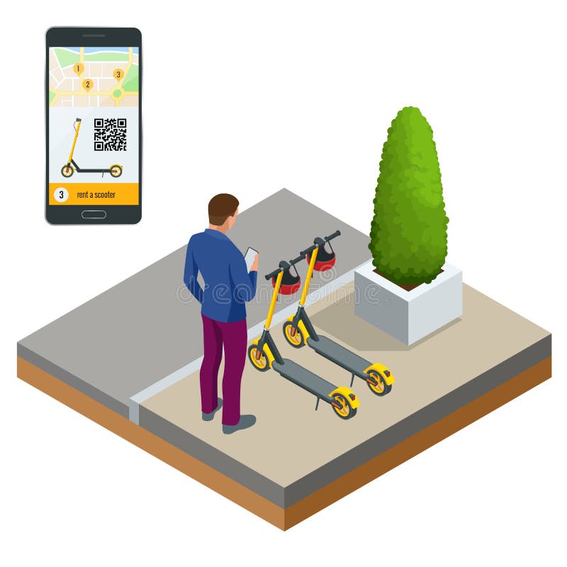 Isometric electric scooters for rent at station and cashier machine for payment. Mobile application on the phone for renting a scooter in the city. Urban transportation. Modern technologies. Isometric electric scooters for rent at station and cashier machine for payment. Mobile application on the phone for renting a scooter in the city. Urban transportation. Modern technologies