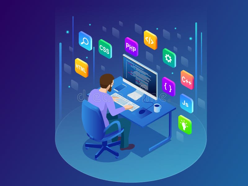 Isometriska framkallande programmera och kodifiera teknologier Ung programmerare som kodifierar ett nytt projekt genom att använd royaltyfri illustrationer Isometriska framkallande programmera och kodifiera teknologier Ung programmerare som kodifierar ett nytt projekt genom att använd royaltyfri illustrationer