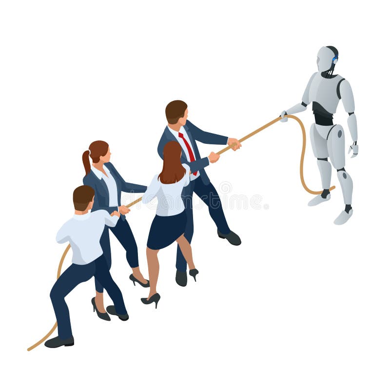 Isometriskt affärsfolk och robot som slåss med konstgjord intelligens i dräkt för att dra repet, konkurrens, konflikt