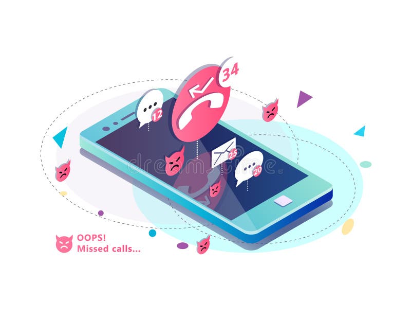 Isometriskt begrepp med mobiltelefonen, felande appeller, symboler av meddelanden sms och postmeddelande royaltyfri illustrationer Isometriskt begrepp med mobiltelefonen, felande appeller, symboler av meddelanden sms och postmeddelande royaltyfri illustrationer