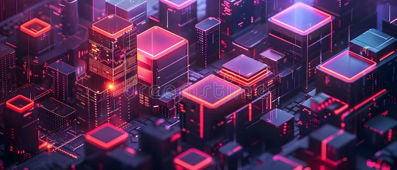 Isometriskt cybernetiskt citysslande med neonglöd. Cybernetiskt cityscape neonat konst vektor illustrationer