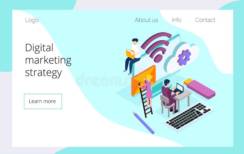 Isometriskt lag av specialister som arbetar p? den digitala sidan f?r landning f?r marknadsf?ringsstrategi stock illustrationer Isometriskt lag av specialister som arbetar p? den digitala sidan f?r landning f?r marknadsf?ringsstrategi stock illustrationer