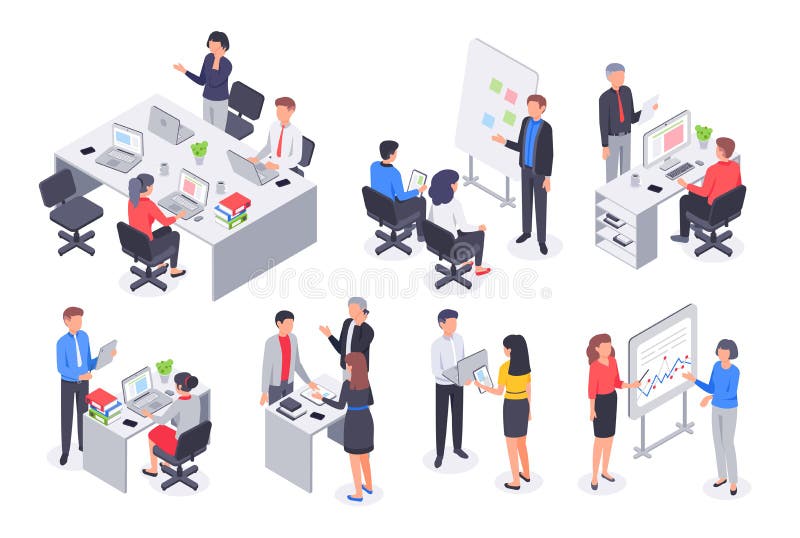 Isometriskt lag för affärskontor Det företags teamworkmötet, anställdarbetsplatsen och folket arbetar illustrationen för vektorn