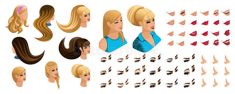 Isometriskt skapa sinnesrörelser för ditt tecken, ung flicka Fastställda härliga frisyrer och sinnesrörelser, sorgsenhet, glädje, vektor illustrationer Isometriskt skapa sinnesrörelser för ditt tecken, ung flicka Fastställda härliga frisyrer och sinnesrörelser, sorgsenhet, glädje, vektor illustrationer