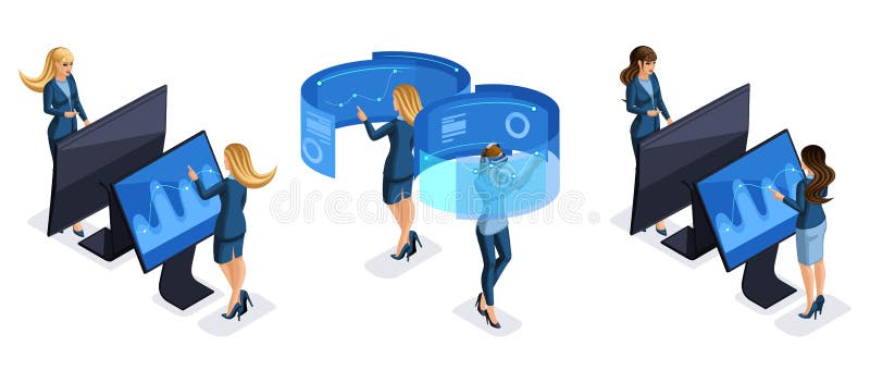 Isometry fijó de la mujer de negocios, empresaria joven que trabajaba con los artilugios, opinión trasera de la vista delantera d ilustración del vector Isometry fijó de la mujer de negocios, empresaria joven que trabajaba con los artilugios, opinión trasera de la vista delantera d ilustración del vector
