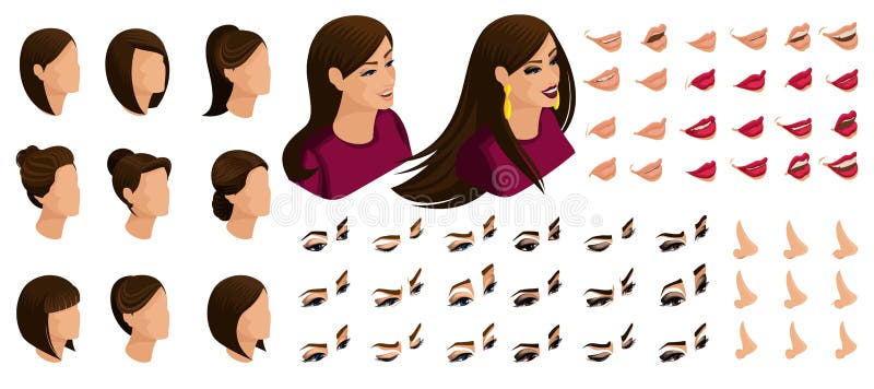 Isometry symboler av sinnesrörelserna av en härlig kvinna, 3D hår, framsidor, ögon, kanter, näsa Roligt vända mot vektor illustrationer Isometry symboler av sinnesrörelserna av en härlig kvinna, 3D hår, framsidor, ögon, kanter, näsa Roligt vända mot vektor illustrationer