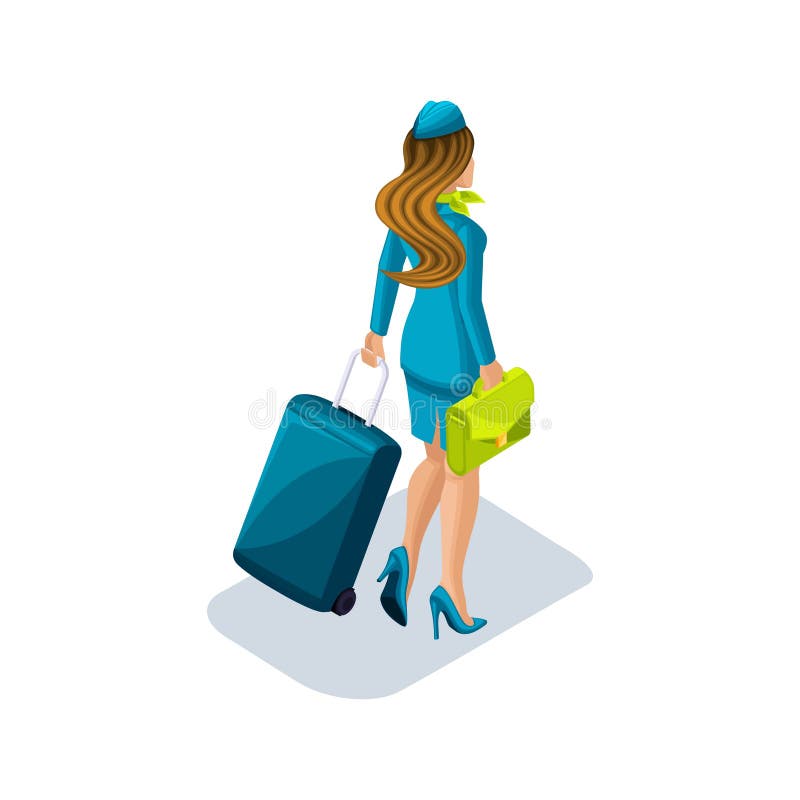 Isometry van het stewardessmeisje met dingen en koffers blijft het vliegtuig inschepen Achtermening, eenvormige schoenen royalty-vrije illustratie Isometry van het stewardessmeisje met dingen en koffers blijft het vliegtuig inschepen Achtermening, eenvormige schoenen royalty-vrije illustratie