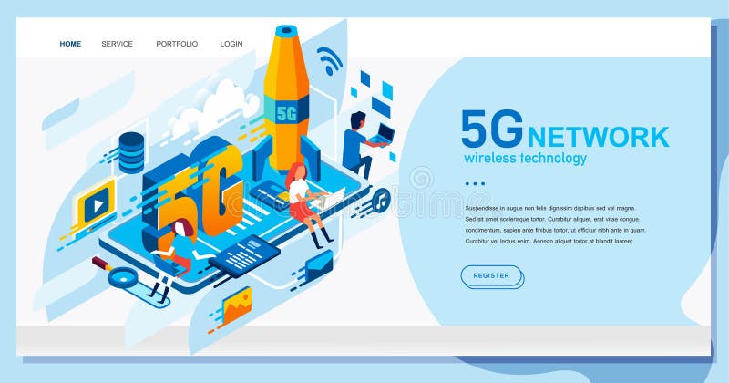 Isometryczna ilustracja systemu sieci technologii 5G ilustruje wiele osób uzyskujących dostęp do Internetu z laptopa, rakieta ilustracja wektor