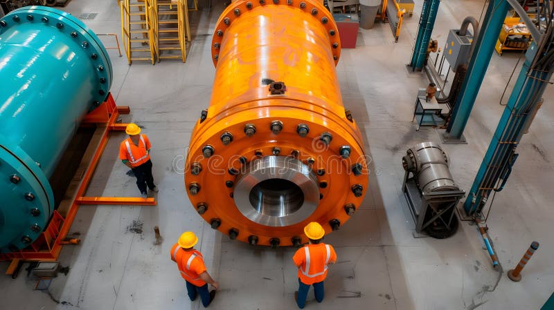 Ispezione dei componenti industriali delle bombole in un impianto di fabbricazione. In una prospettiva in discesa viene illustrata un'impostazione industriale con i lavoratori che esaminano componenti di cilindri grandi arancioni e blu. La scena si concentra sul meticoloso processo di ispezione in un impianto di fabbricazione, evidenziando la scala e la complessità della macchina interessata