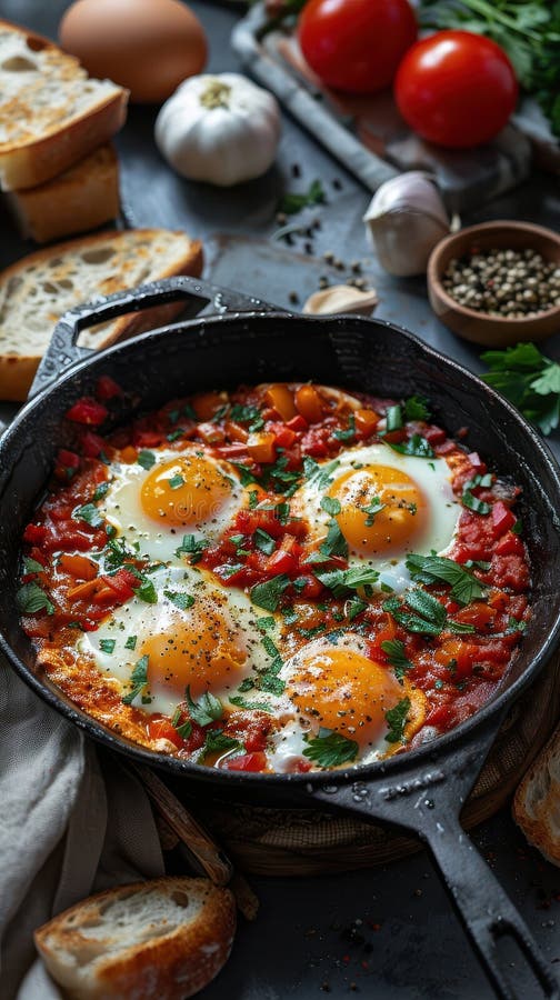 Israeli shakshuka pochte Eier in scharfer Tomatensauce lizenzfreie stockfotos