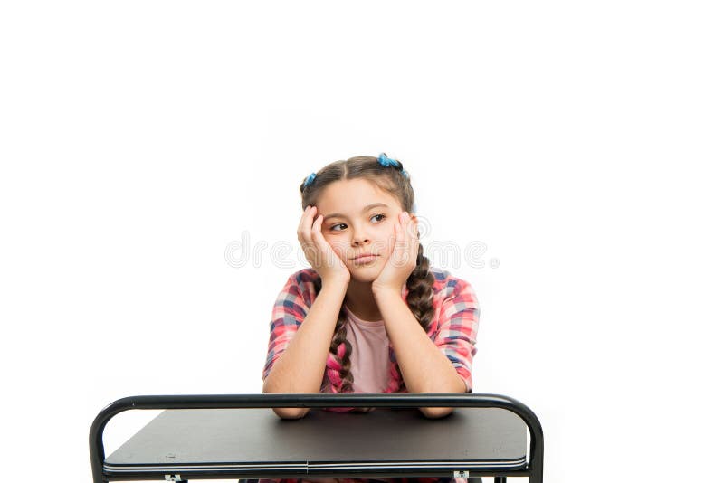 Issues of formal education. Back to school concept. Kid cute tired of boring studying. Boring educational program. Need royalty free stock photography