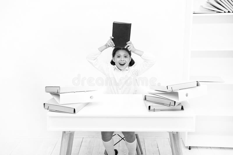 Issues of formal education. Back to school concept. Kid cute tired of studying. Boring lesson. Boring task homework. Get stock photo