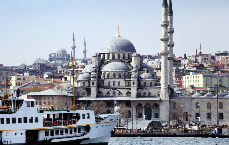 Photo of Istanbul with a ferry in the foreground. Photo of Istanbul with a ferry in the foreground