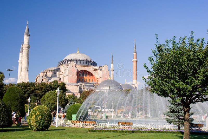 Church Aya-Sofia and a garden with a fountain in Istanbul. Church Aya-Sofia and a garden with a fountain in Istanbul