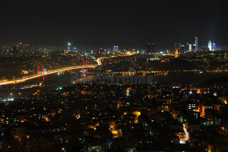 Istanbul city lights and bosphorus bridge