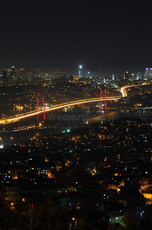 Istanbul city lights and bosphorus bridge